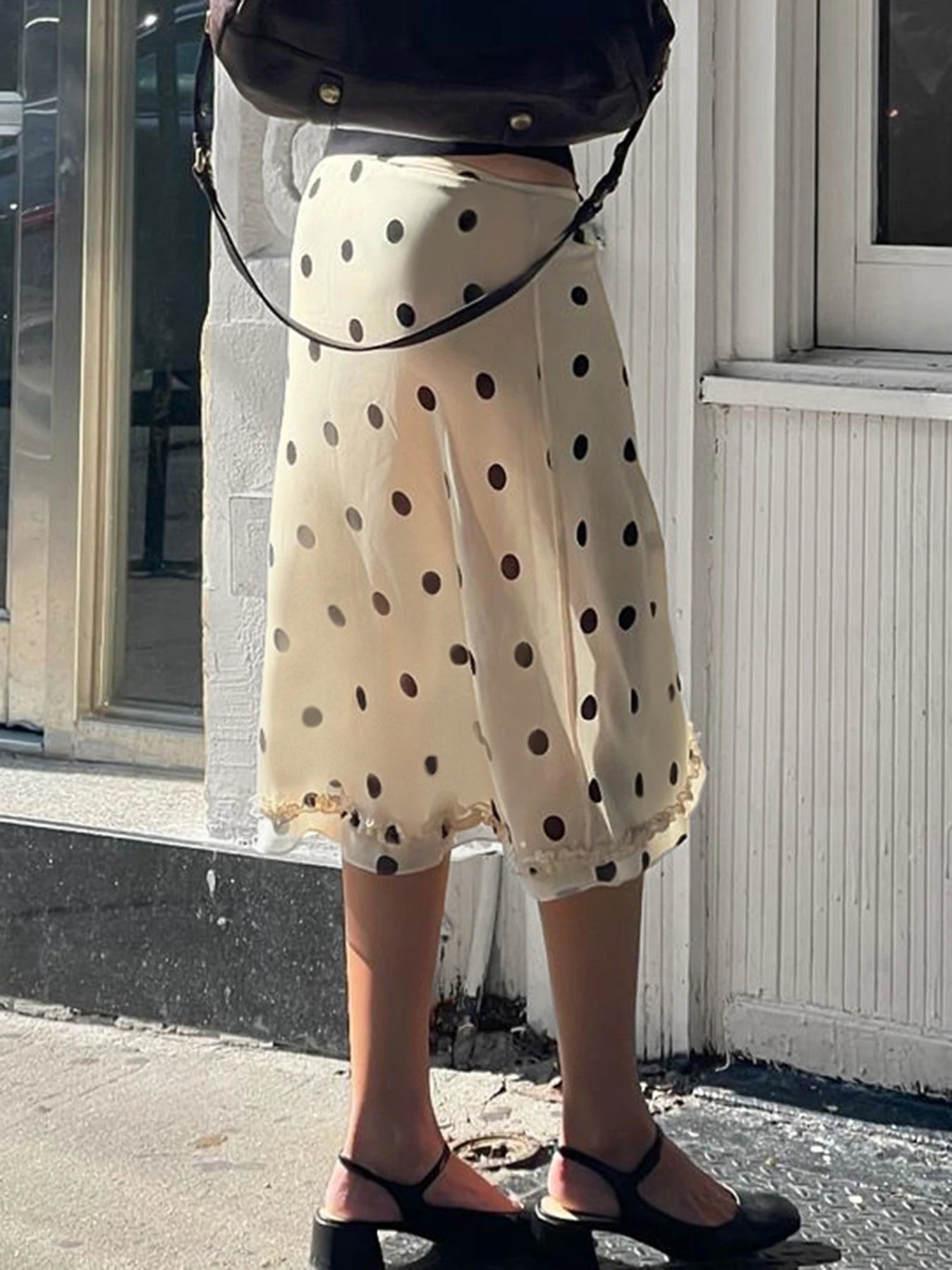 Beige Midi Skirt with Black Dots