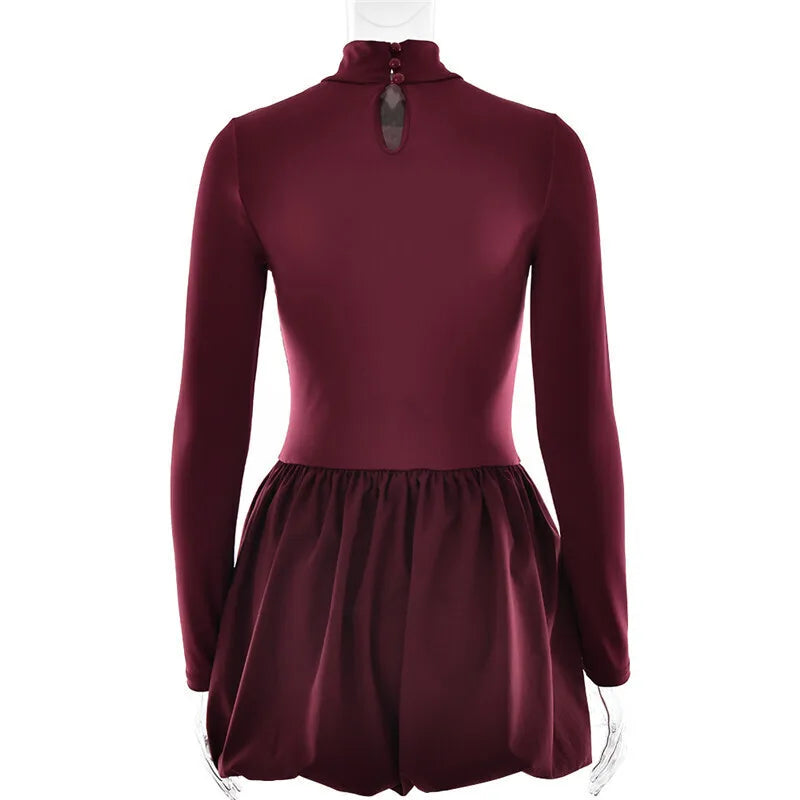 Patchwork Turtleneck Long Sleeve Mini Dress Burgundy High Waist A-line Dress Slim Street