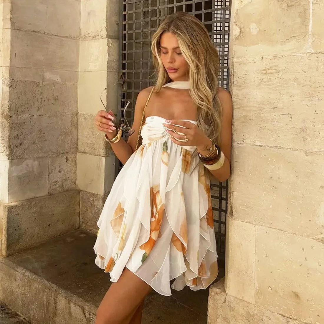 Floral Mesh Backless Strapless Mini Dress