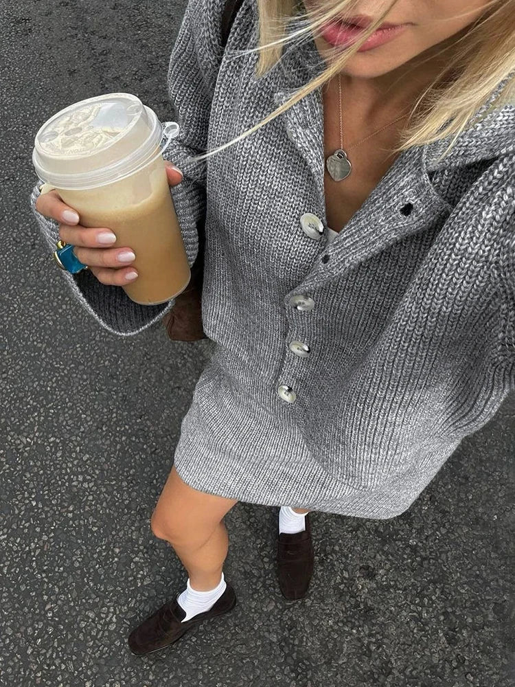 Knitted Suit Lapel Flare Sleeve Cardigan Skirt Solid Slim Sweater Two Piece Sets