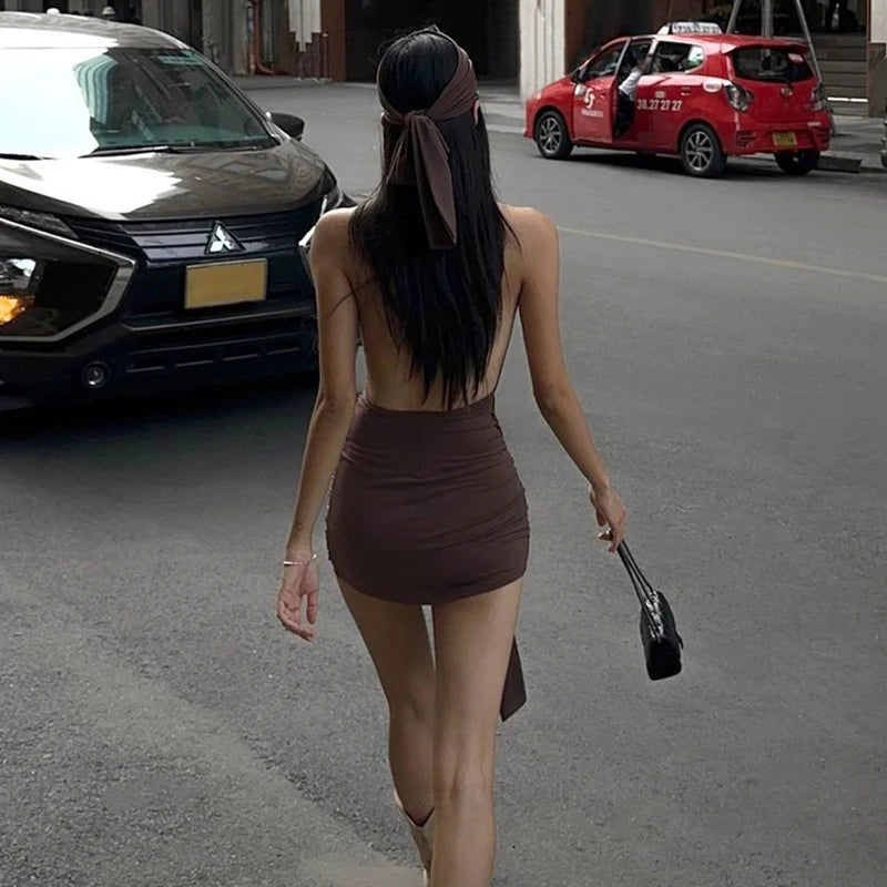 Brown Low-cut Backless Pleated Slim Mini Dress