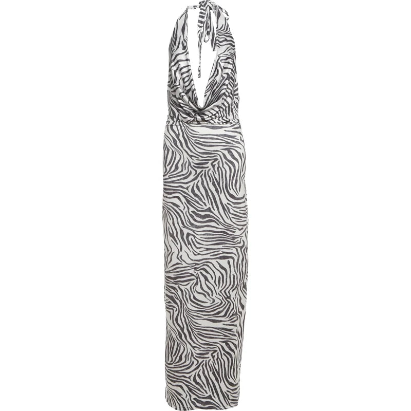 Zebra Maxi Dress Deep Swing Collar Halter Backless Sleeveless Fad