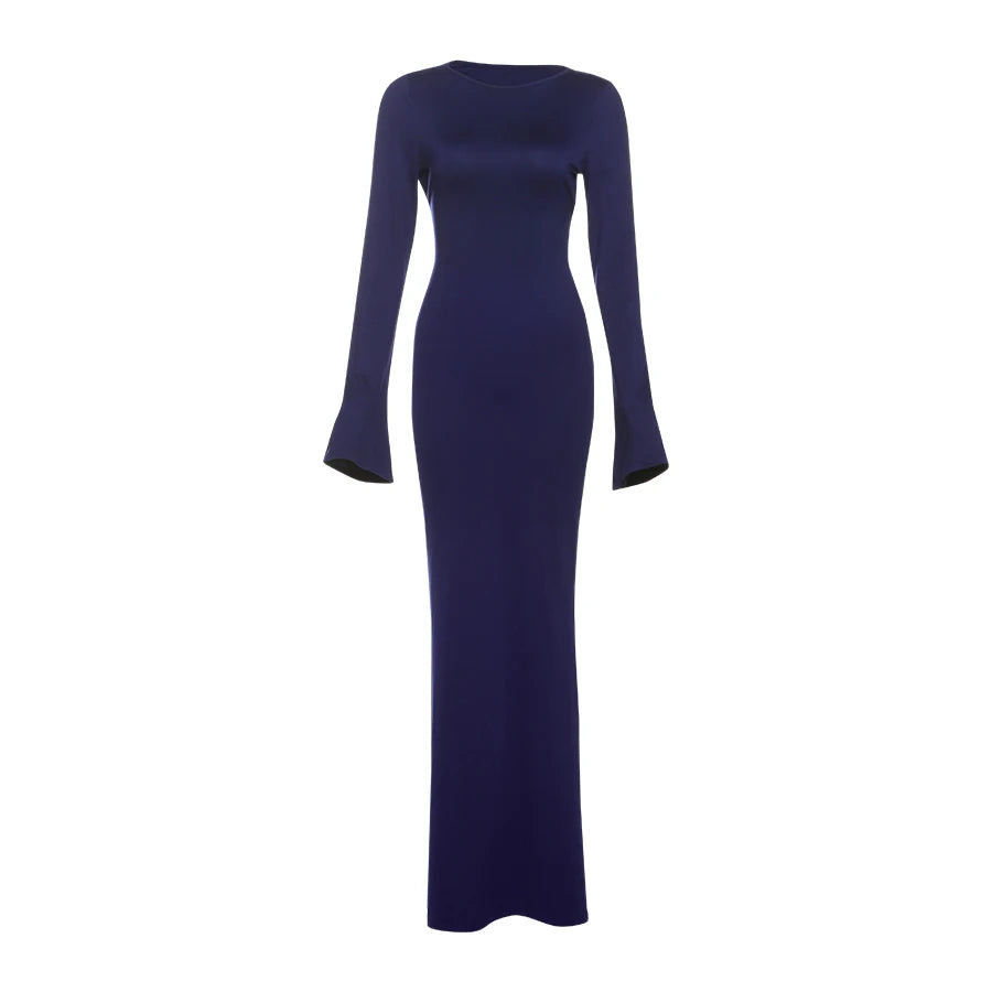Irregular Hollow Dress o-Neck Flare Sleeve Stretch Robe Simple Long Bodycon