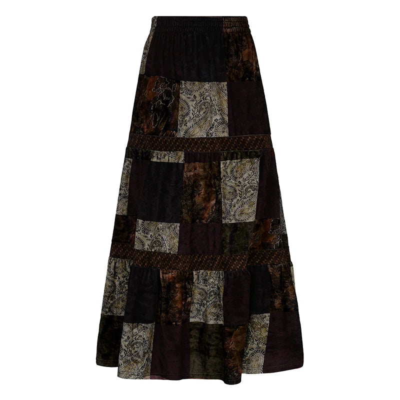 Patchwork Velvet Long Skirts Fairycore Grunge Bottoms Retro Skirts