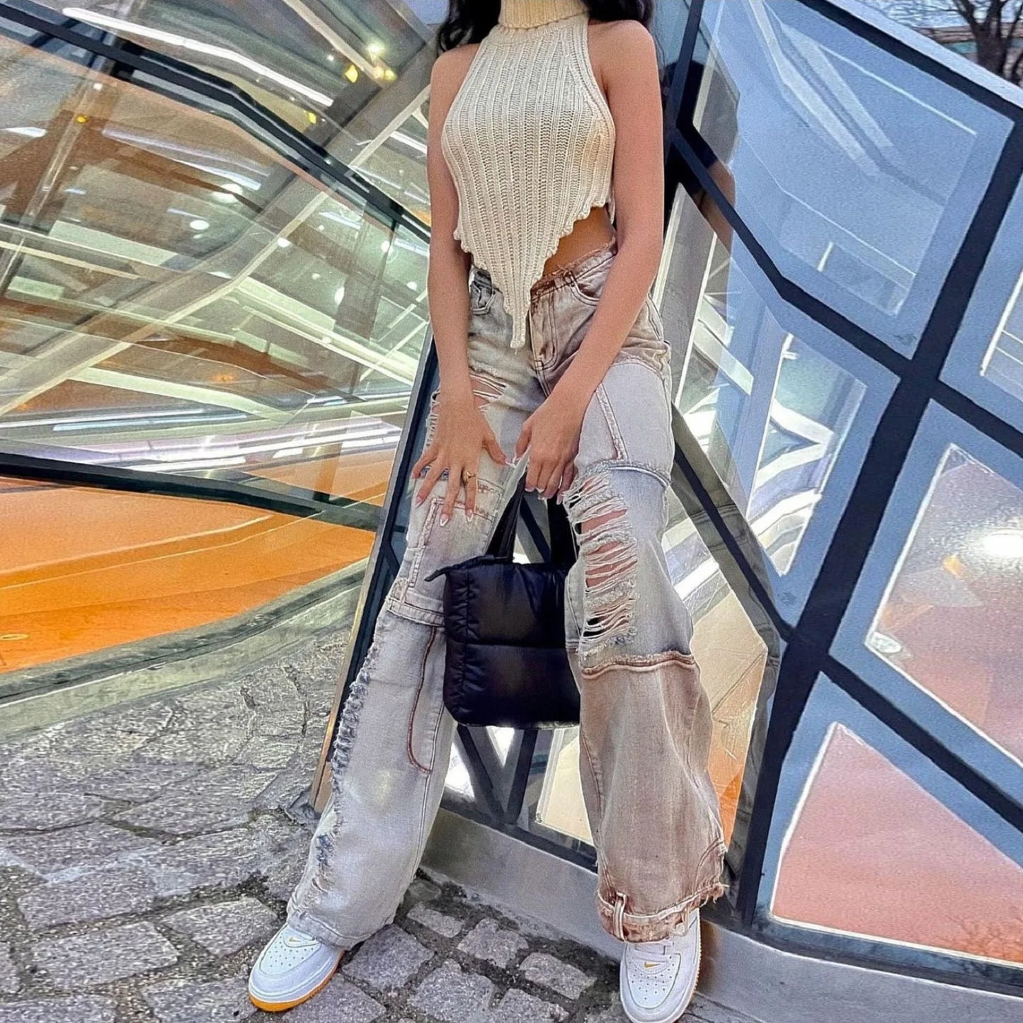 Knitted Turtleneck Sleeveless Backless Tank Top