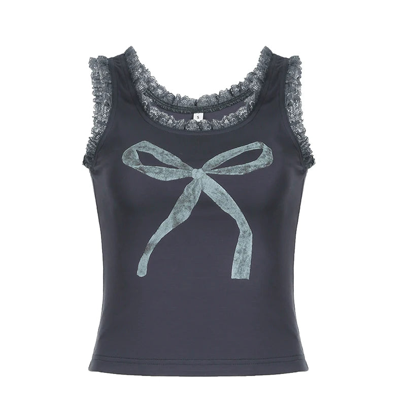 Bow Print sweet Camis Sleeveless Lacework Vests Square Collar Crop Top