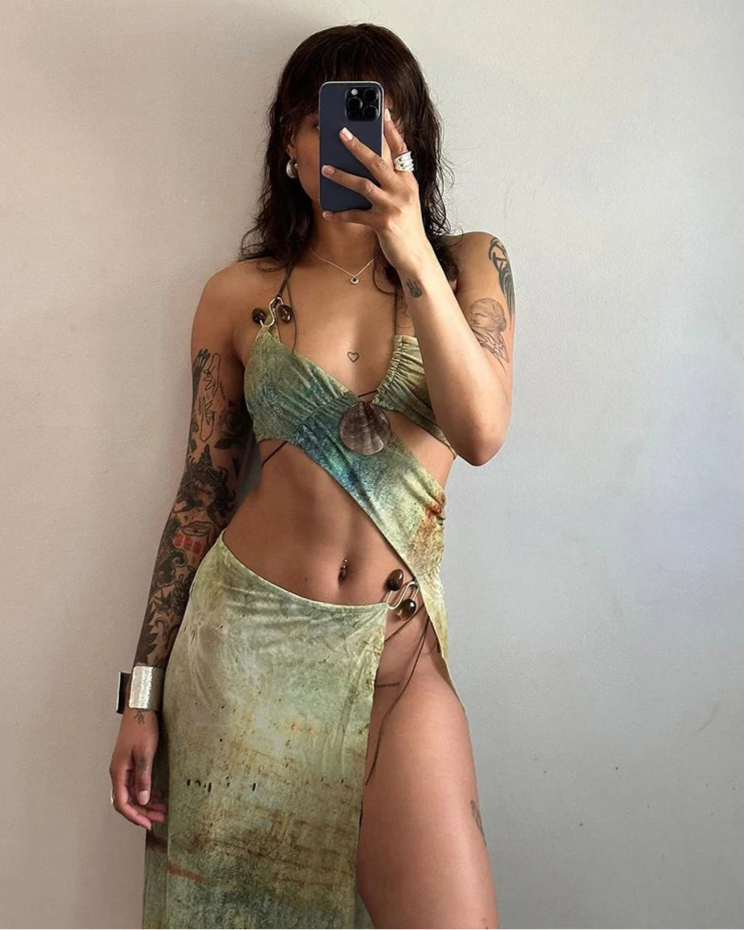 Green Halter Split Two Piece Set