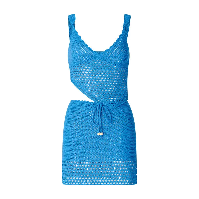 2 Piece Mini Skirt Set Off Shoulder Hollow Out Tube Top Bodycon Skirt Crochet Knit Short Skirt