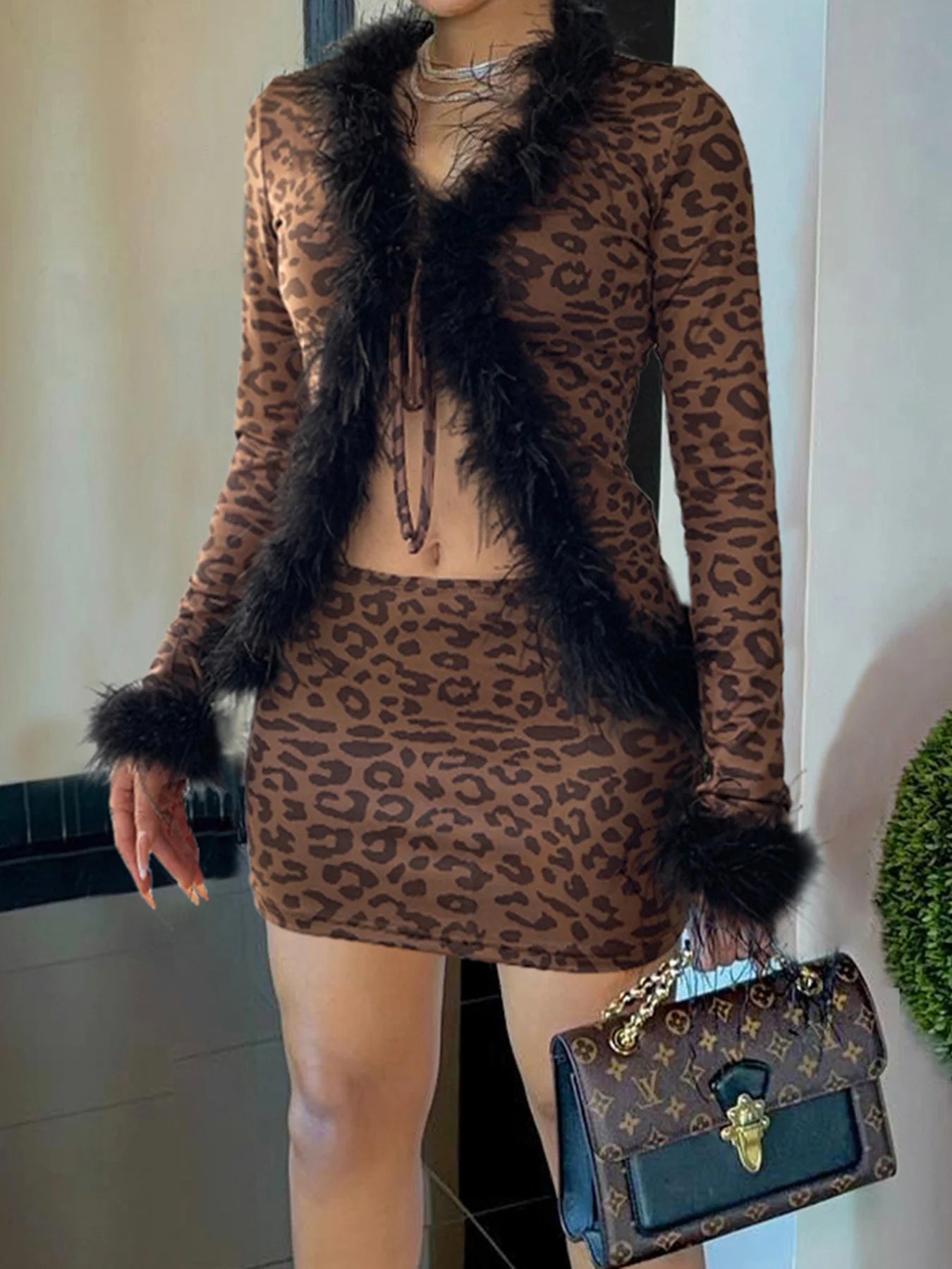 Leopard Print Two Pieces of Sets 's Lace-up Coats and Mini Skirts Long Sleeved