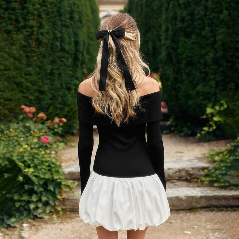 Patchwork Straple Backless Mini Bud Dress Off Shoulder Long Sleeve Skinny Birthday