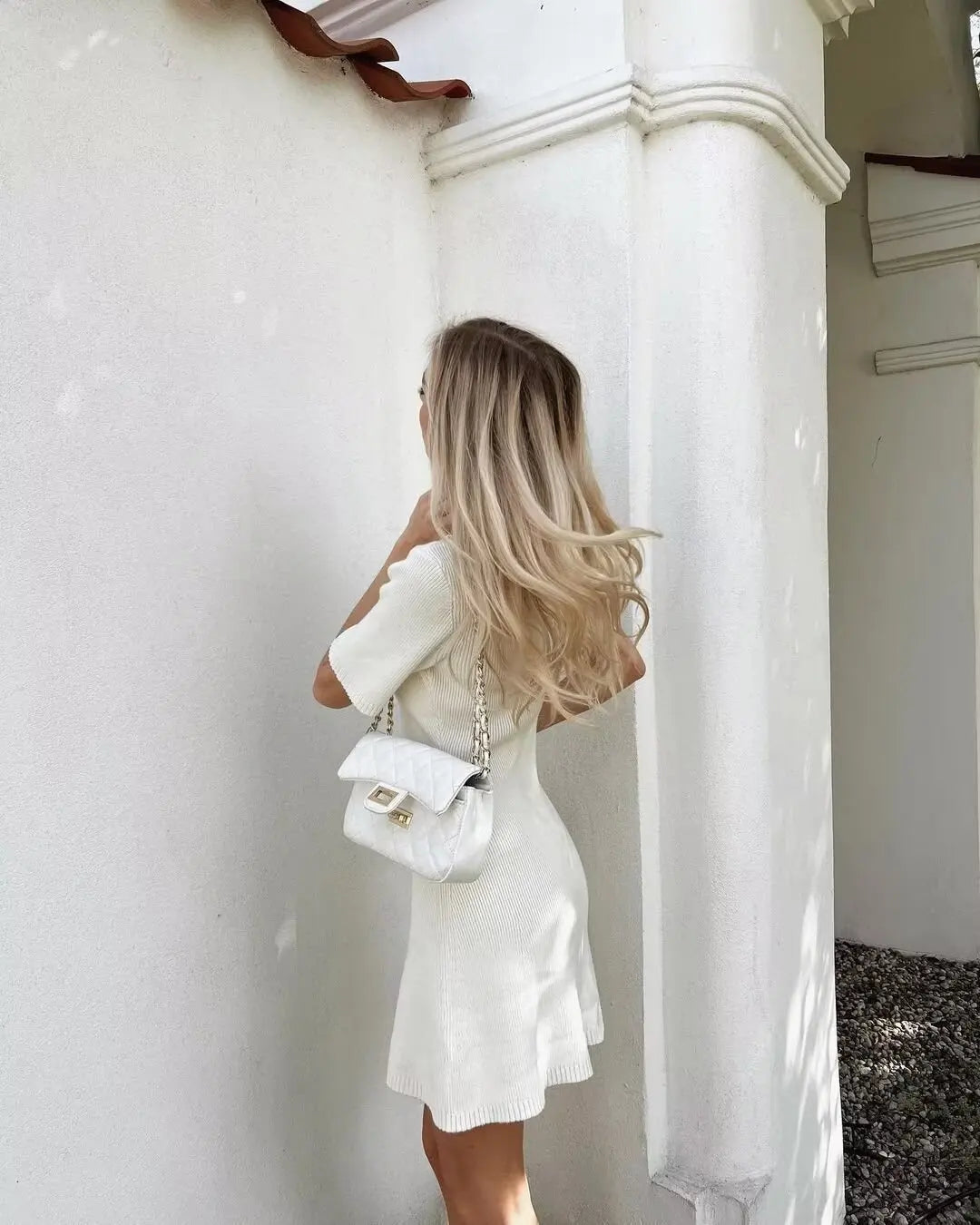 White Knit Mini Dress Short Sleeve Patchwork Pocket Loose Dress Knit Mini Dress