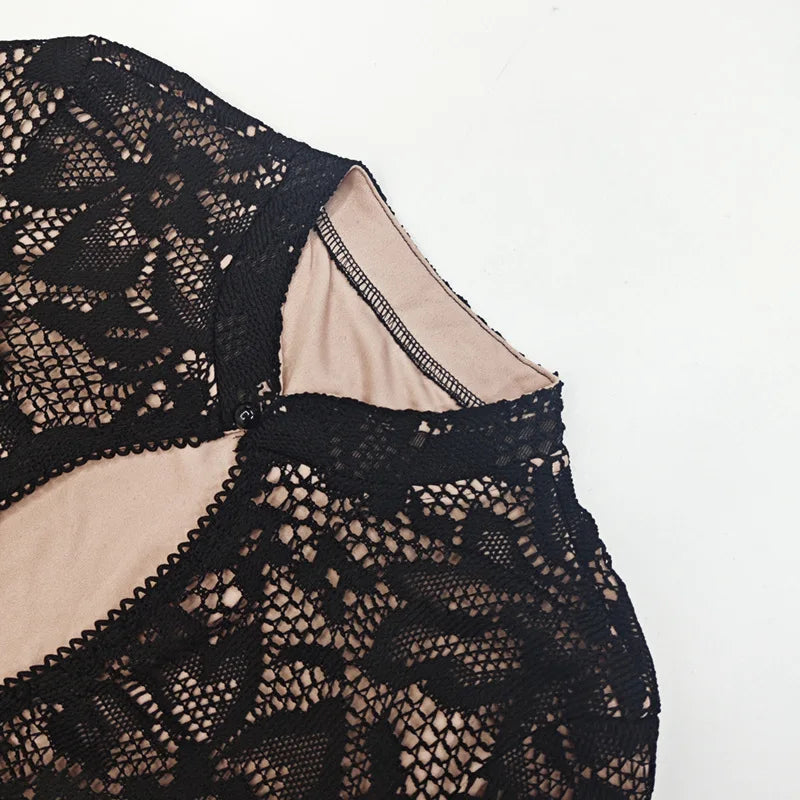 Hollow Out Long Sleeve Cocktail Dress for Stand Collar Dresses Lace Dresses