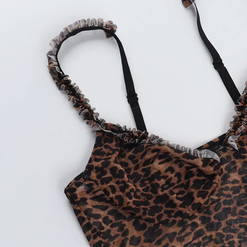 Leopard Print Camisole Mesh See Through Low-Neck Backless Ruffles Hem Street Tank Top