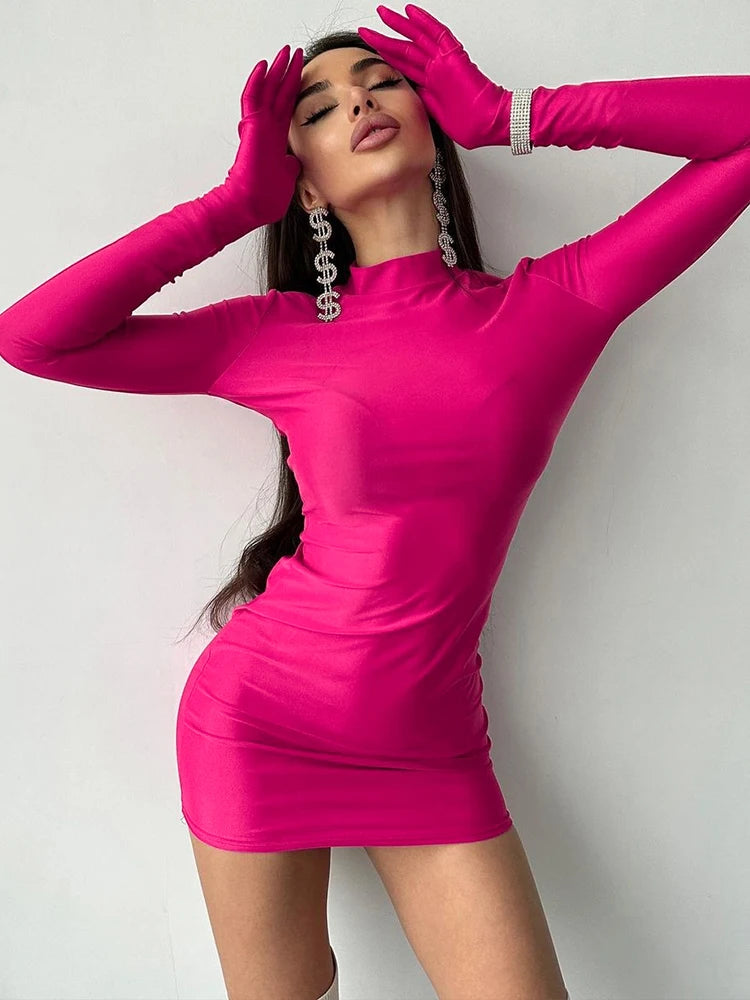 Long Sleeve With Gloves Mini Dress Bodycon Street Half Turtleneck