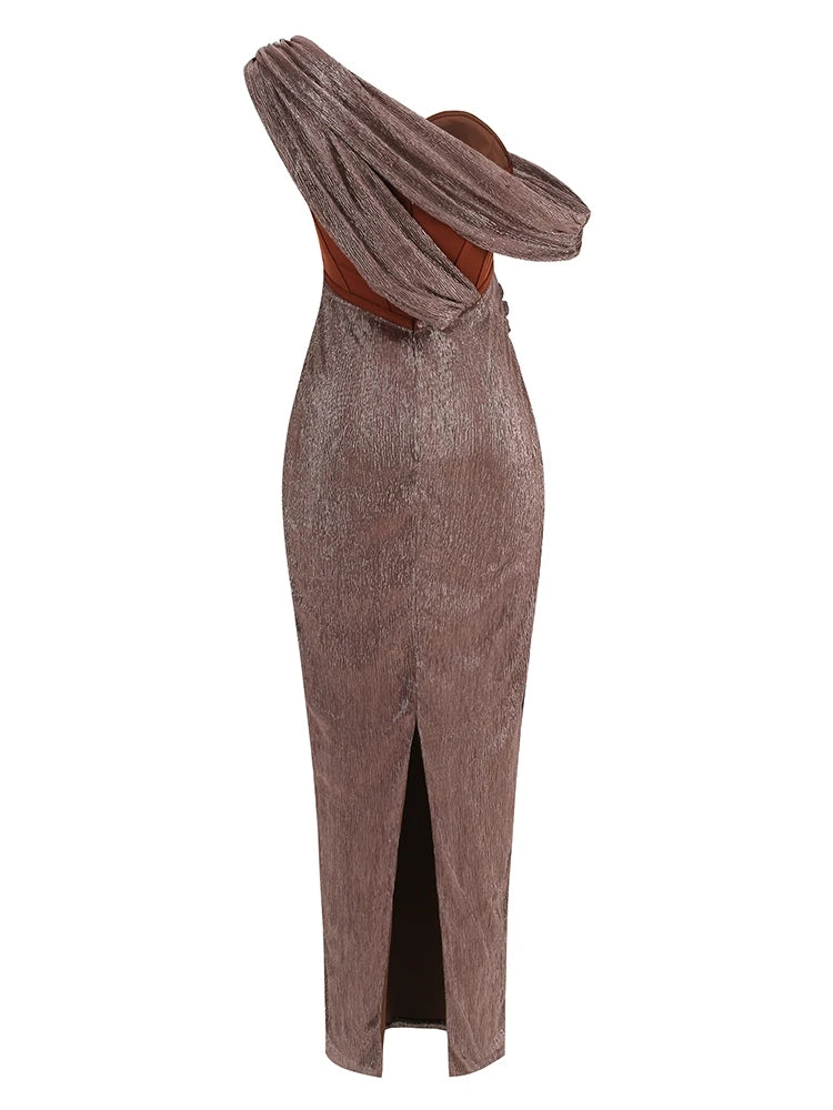 One Shoulder Draped Glitter Long Dress Brown Corset Sparkly Backless Bodycon Maxi Dresses Evening Gowns