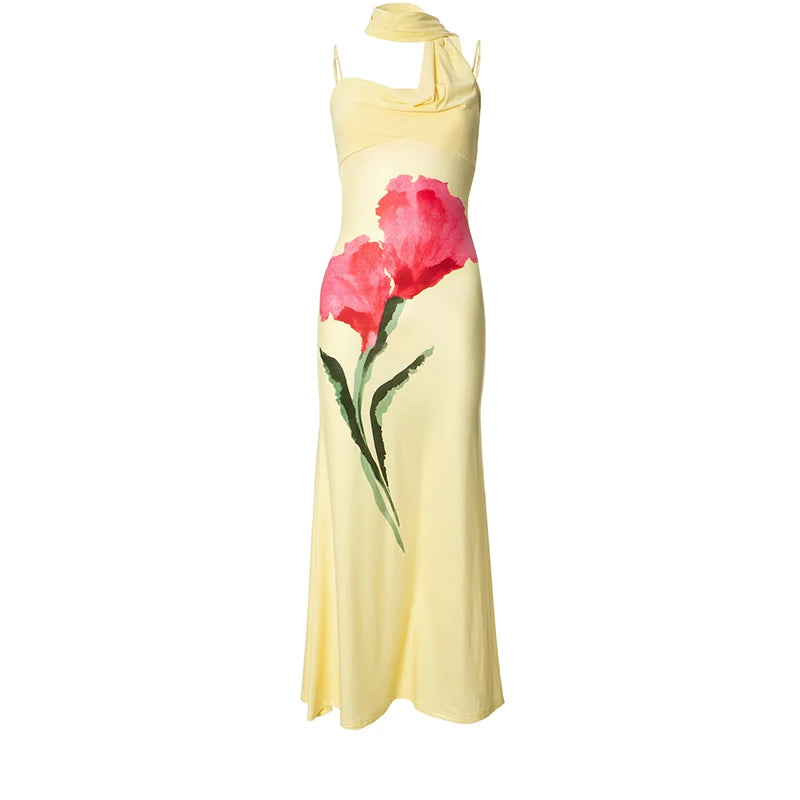 Flower Printing Hanging Neck Tie Backless High Waist Slim Fishtail Halter Long Dress