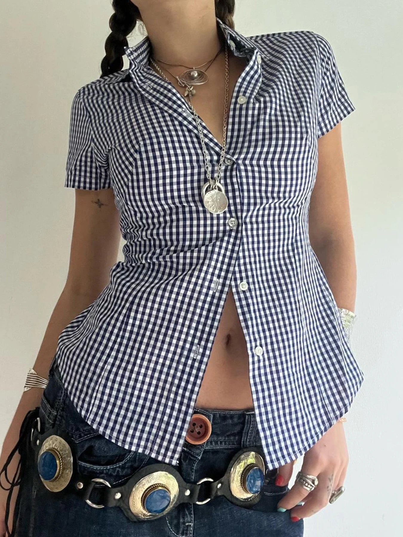 American Retro Short Sleeve Plaid Shirts Button Up Turn Down Collar Preppy Tops