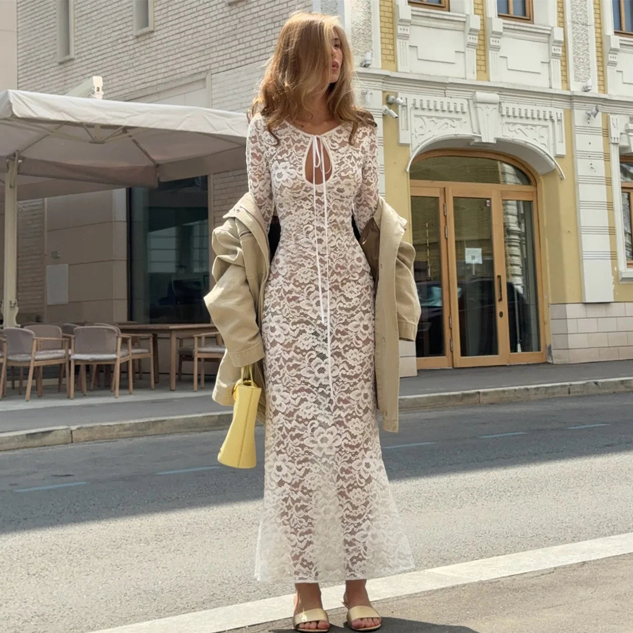 White Sheer Lace Long Sleeves Maxi Dress