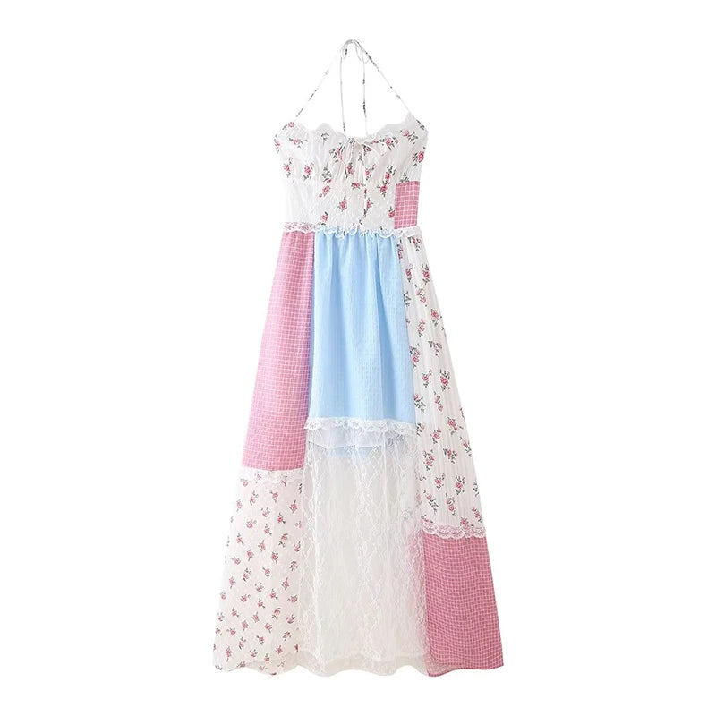 Backless Patchwork Floral Halter Dress Boho Long Dresses Maxi