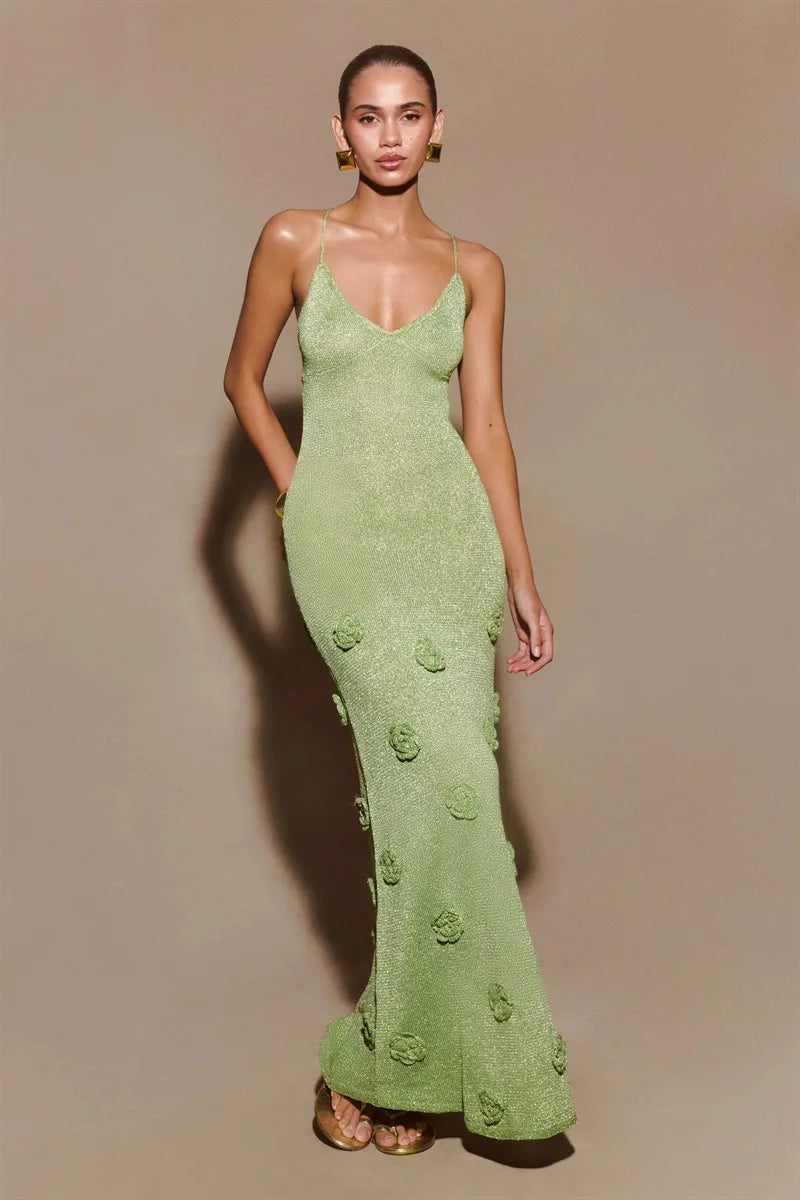 Knitted Backless 3D Flowers Dress Green Spaghetti Strap Long Dress