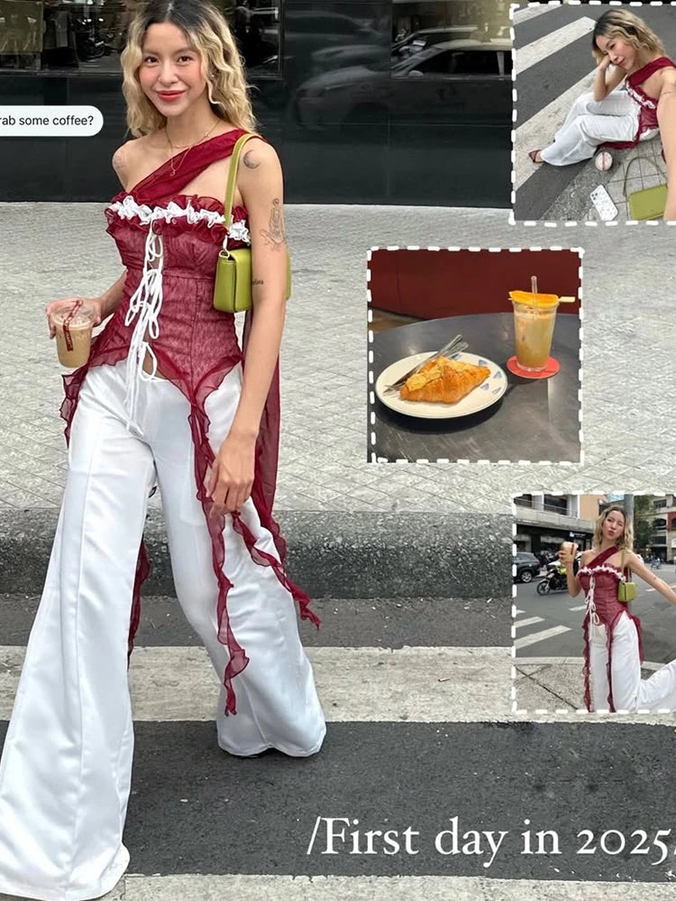 Mesh Scarf Patchwork Lace Ruffled Irregular Hem Long Tassels Frenulum Street Versatile Girly Sweet Top