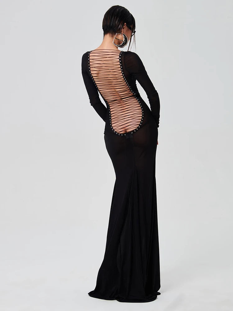 See Through Maxi Backless Back Straps Dress
