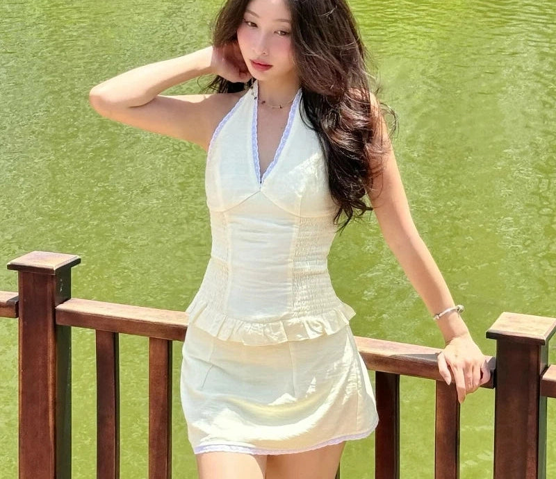 Backless Lace Sleeveless Crop Top Mini Skirt Two Piece Set