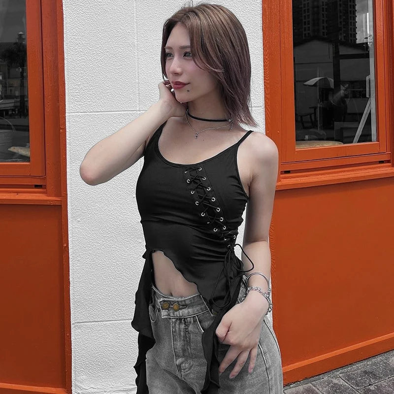 Spring Tie Draped Decorative Border Flutter Belt Backless Slim Irregular tie Girl Design Sense Camis Top