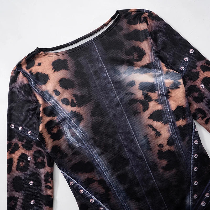 And Leopard Slim Flared Long-Sleeved Hip Short Skirt