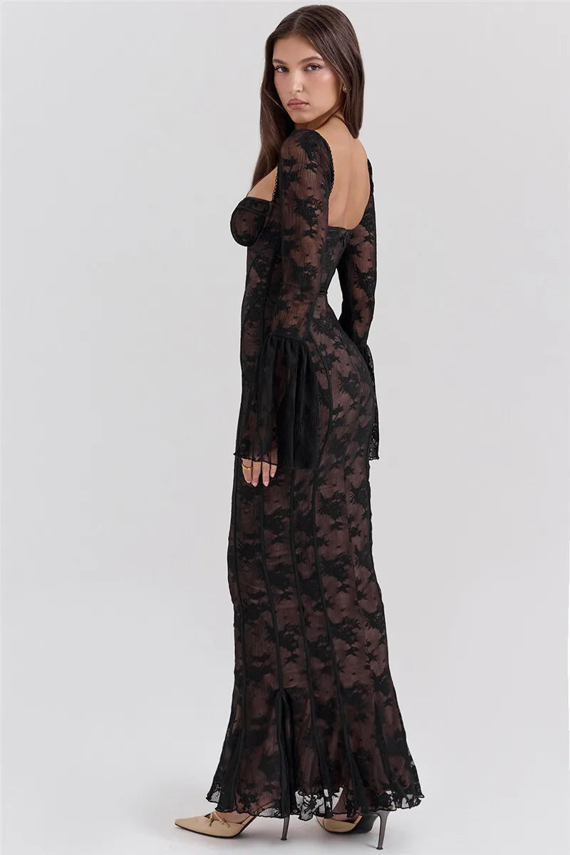 Lace Long Flare Sleeve Maxi Dress Square Collar Backless Bodycon Dress