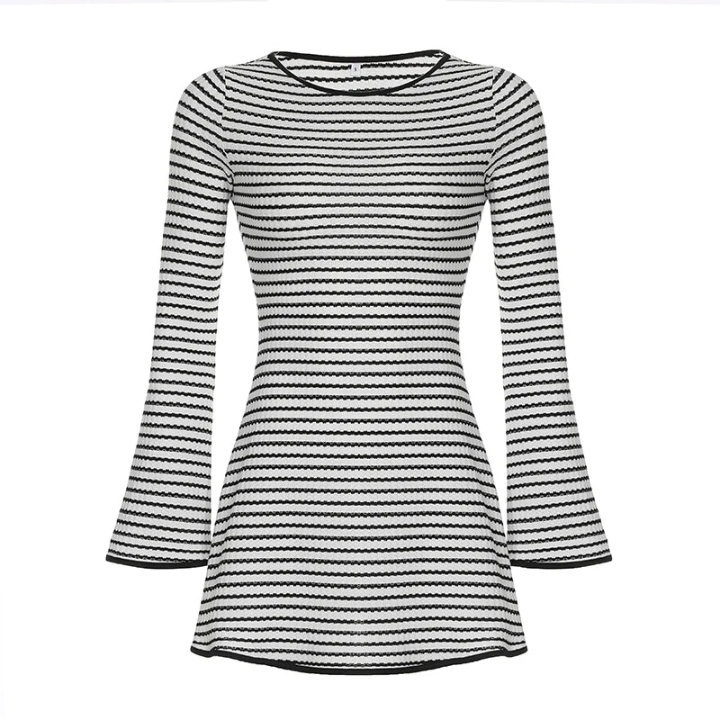 Crewneck Striped Mini Dress Flare Sleeves Comfy Pullovers