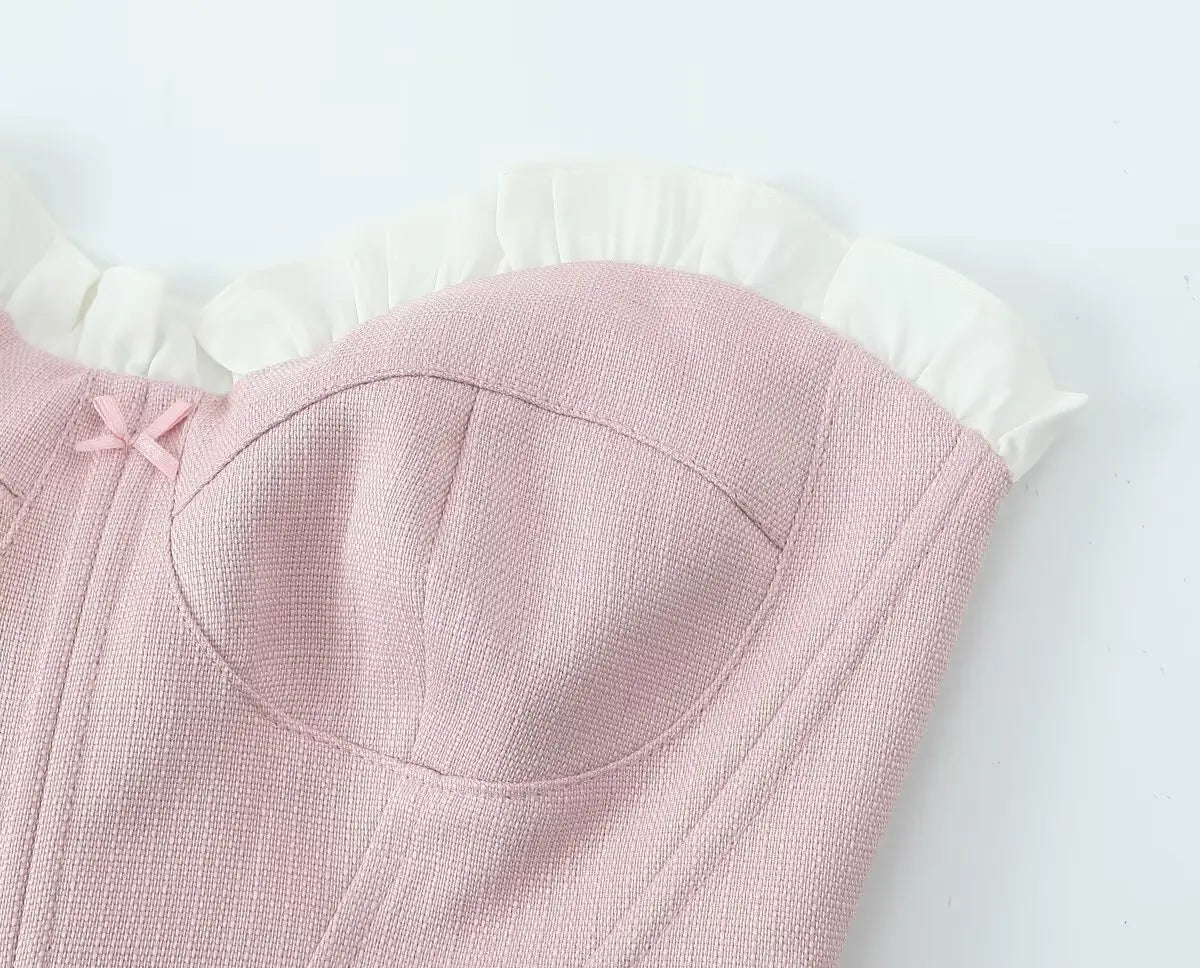 Sweet Patchwork Fish Bone Slim Fit Strapless Top Crop Top