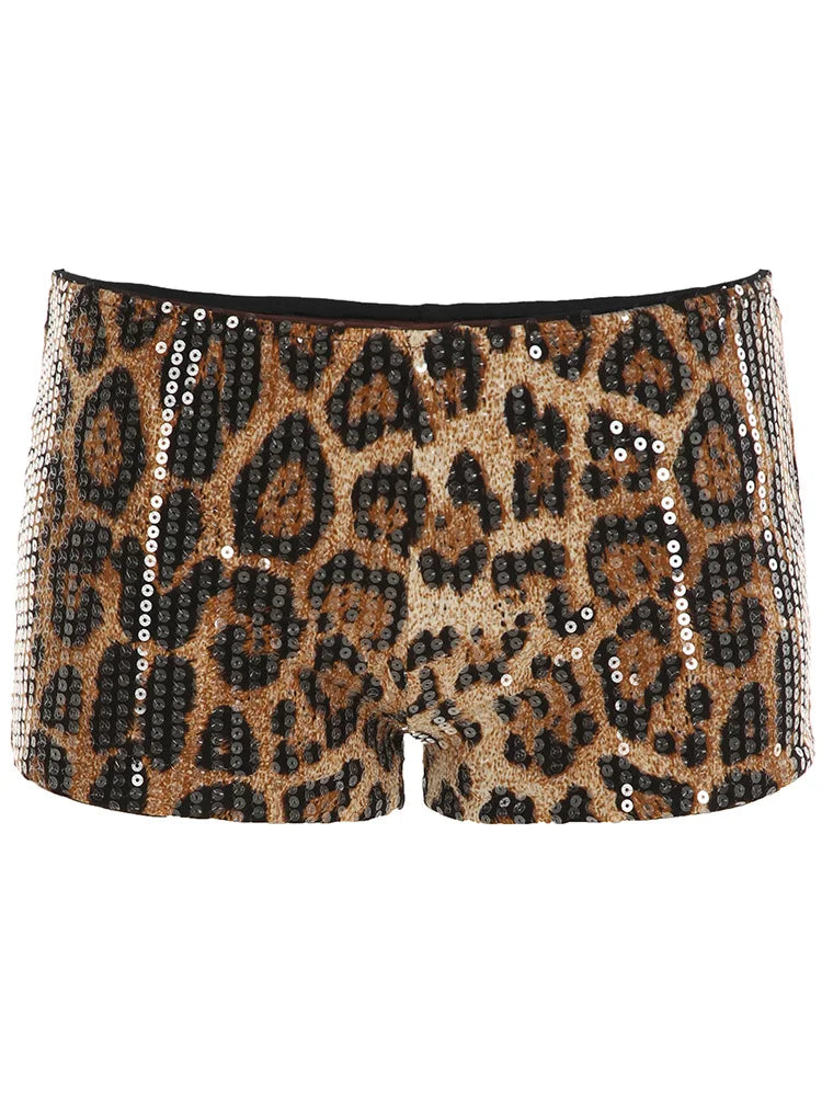 Leopard Print Sequin Shorts s Retro Low Waist