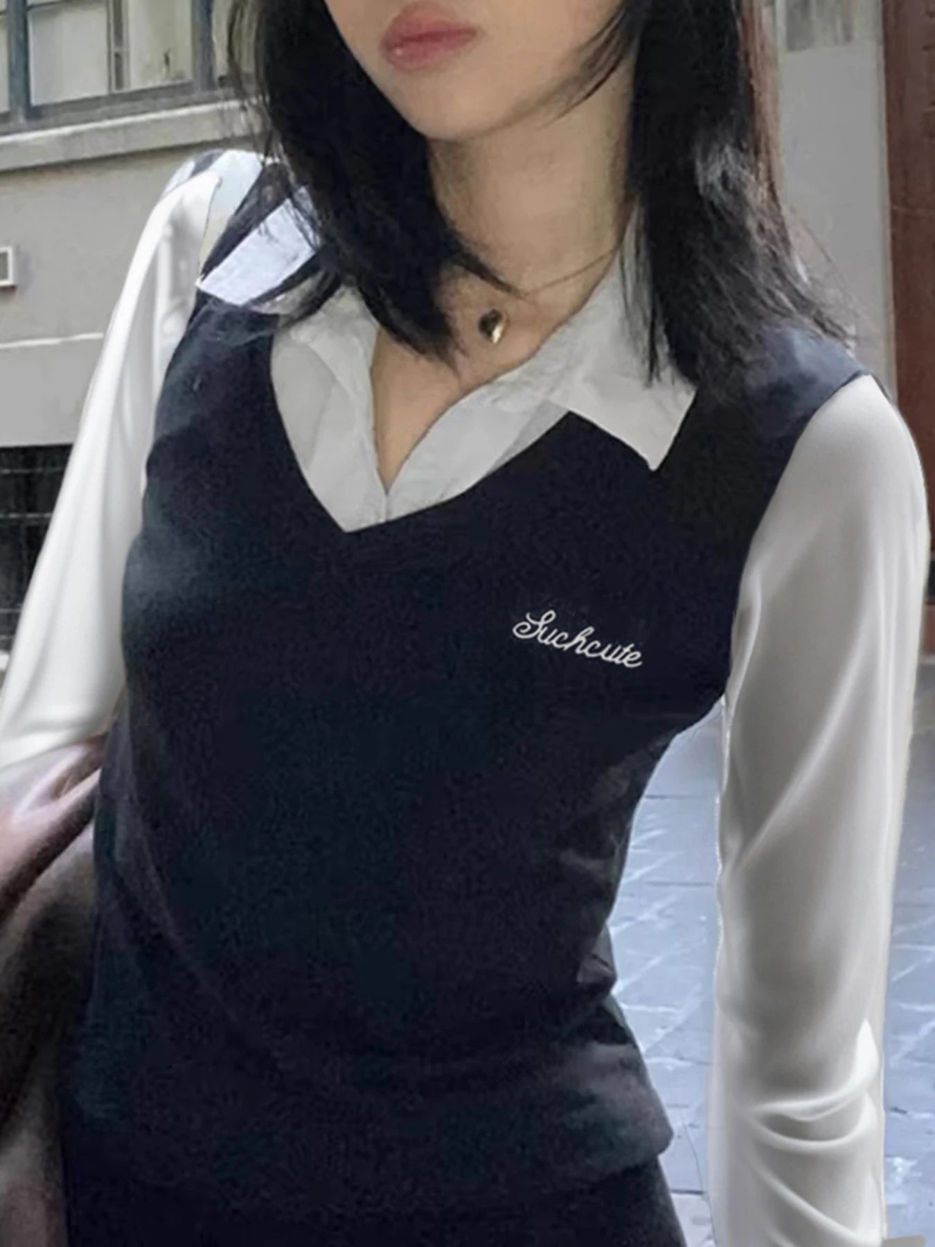Patchwork Turn-down Neck Tee Shirts Preppy Long Sleeves