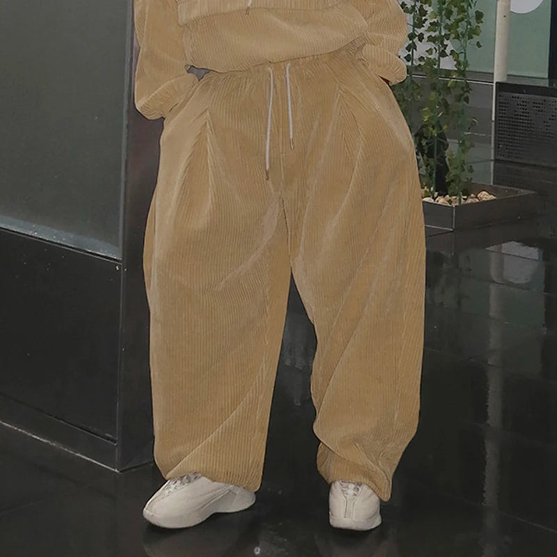 Baggy Corduroy Pants Drawstring Wide Leg Trousers Retro Bottoms