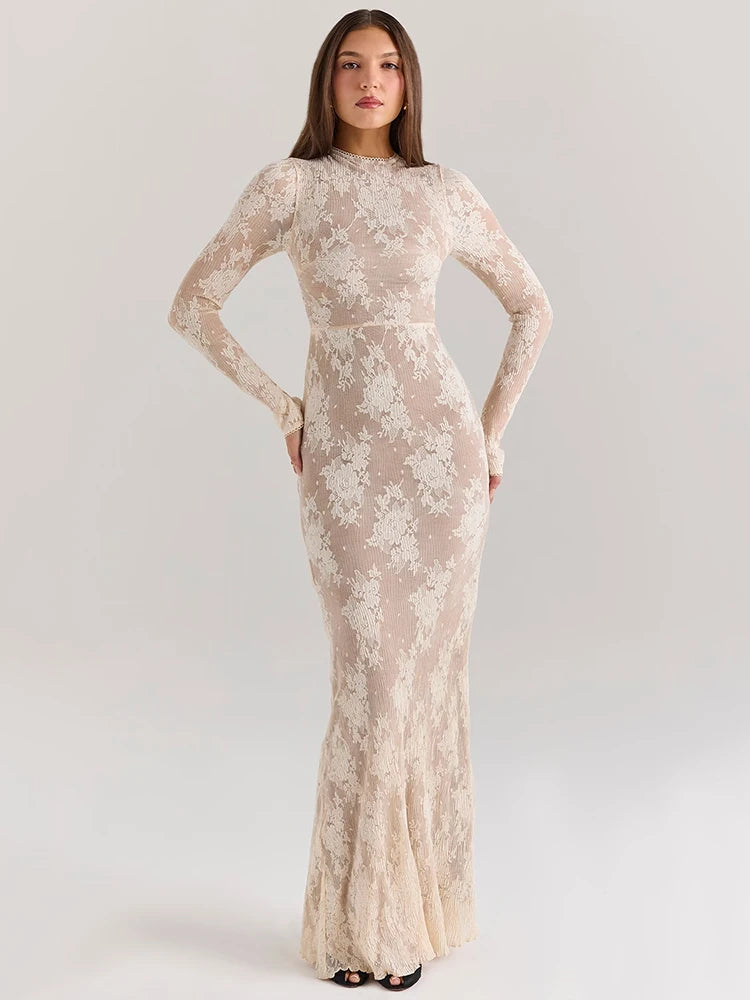 Lace Long Sleeve Maxi Dress White Zipper Half High Collar Bodycon Long Dress
