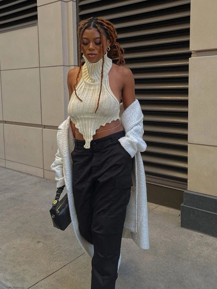 Knitted Turtleneck Sleeveless Backless Tank Top
