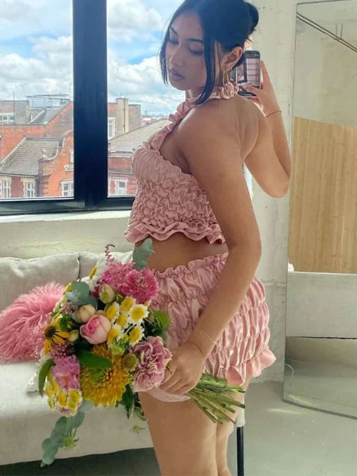 Pink Silky Top and Mini Skirt Set