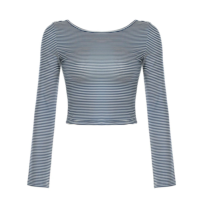 Strip Crewneck Top Backless Long Sleeve Slim Shirt Tee