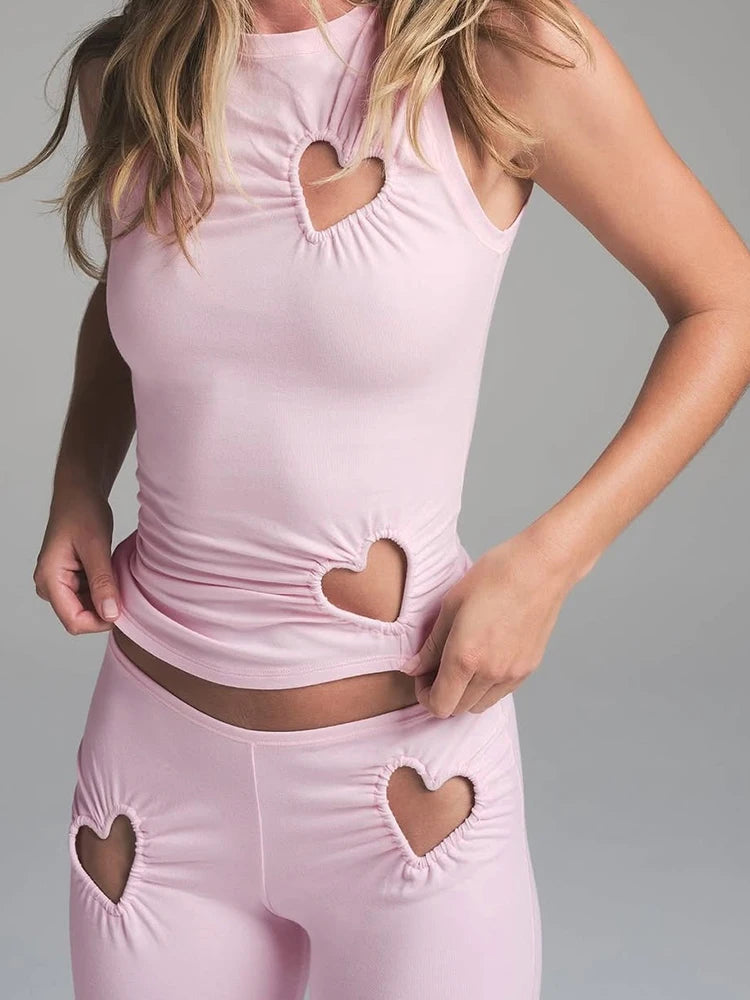 Heart Hollow Two Piece Set Sleeveless O-neck Vests High Waist Pants Basic Street