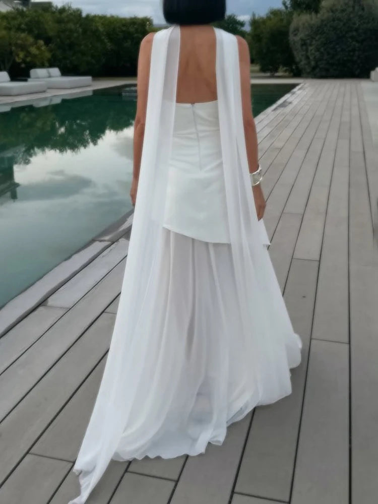 Mesh Strapless Ribbon Maxi Dress