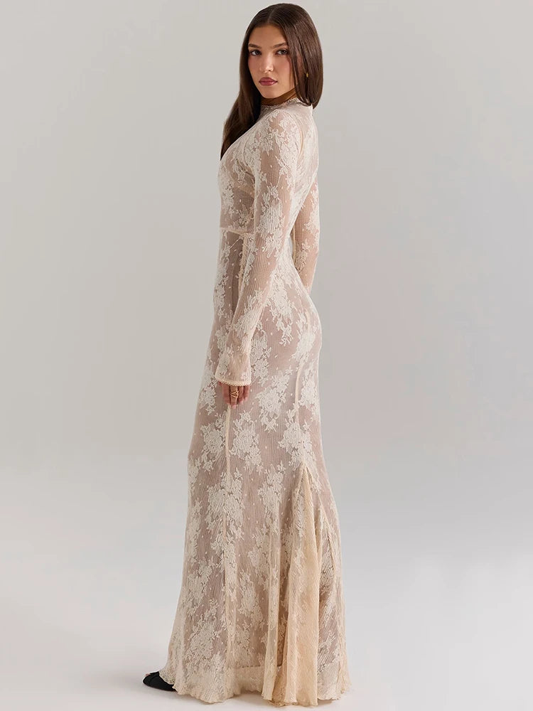 Lace Long Sleeve Maxi Dress White Zipper Half High Collar Bodycon Long Dress