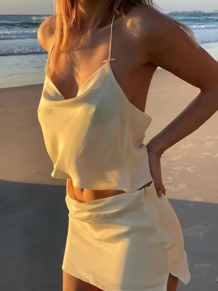 Two Piece Set Halter Swing Collar Ruffles Hem Top Mini Skits