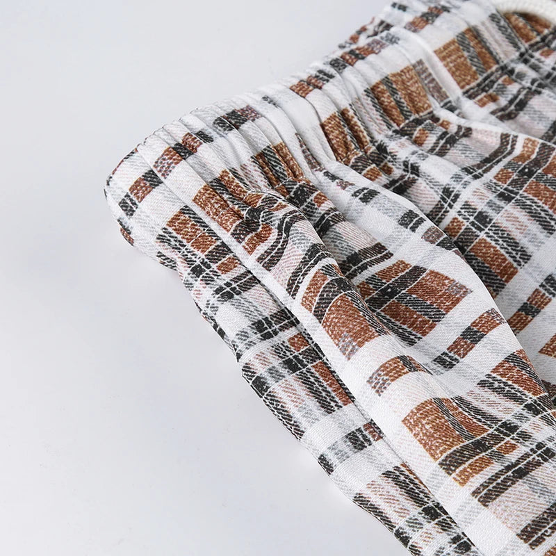 Drawstring Plaid Pants Elastic Waisted Sweatpants Straight Pants