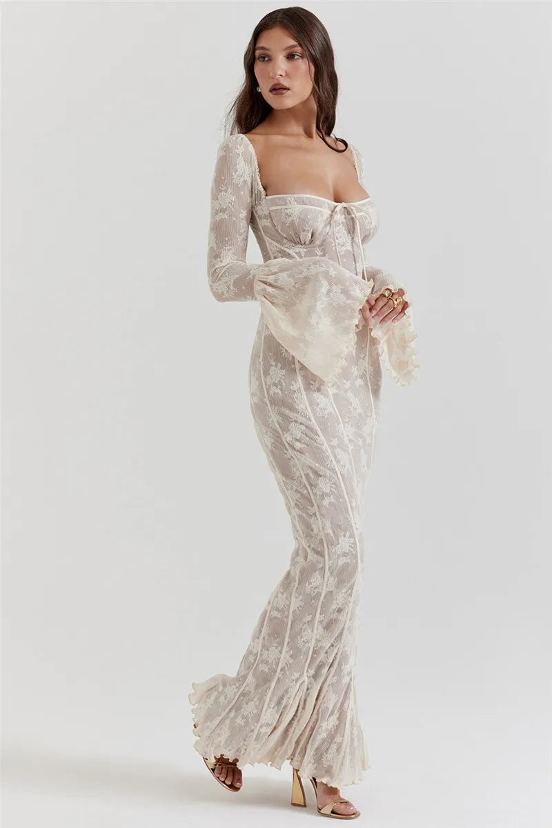 Lace Long Flare Sleeve Maxi Dress Square Collar Backless Bodycon Dress