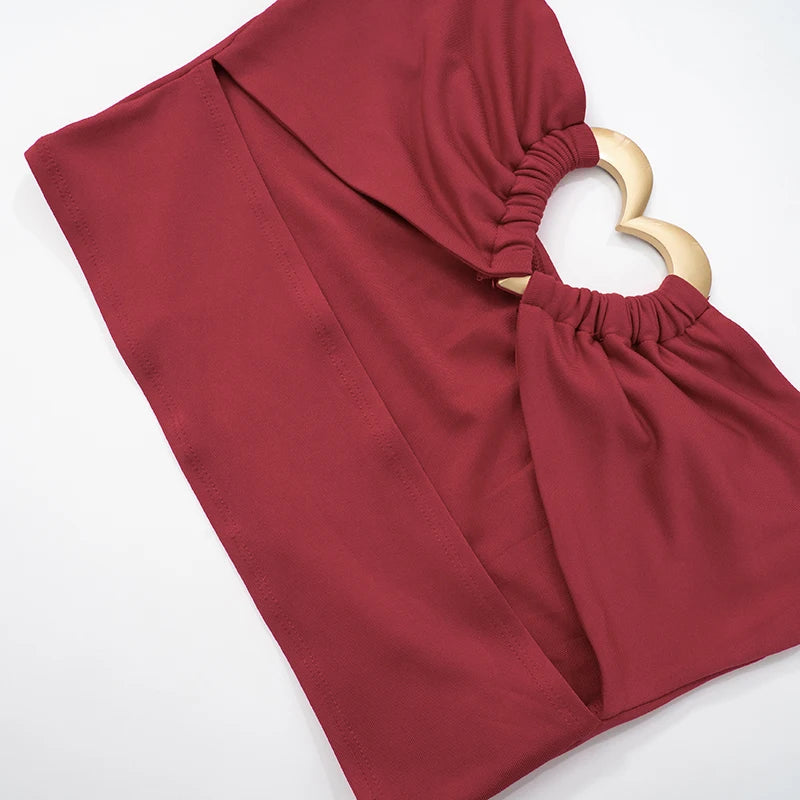 Color Slim Hollow Out Love Metal Design Set Hanging Neck Backless Top Package Hip Skirt Sets