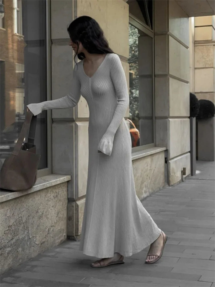 V-Neck Ribbed Knit Dress Patchwork Ruffled Slim High Waist Long Sleeve Bodycon Dress Knit Vintage Maxi Dress