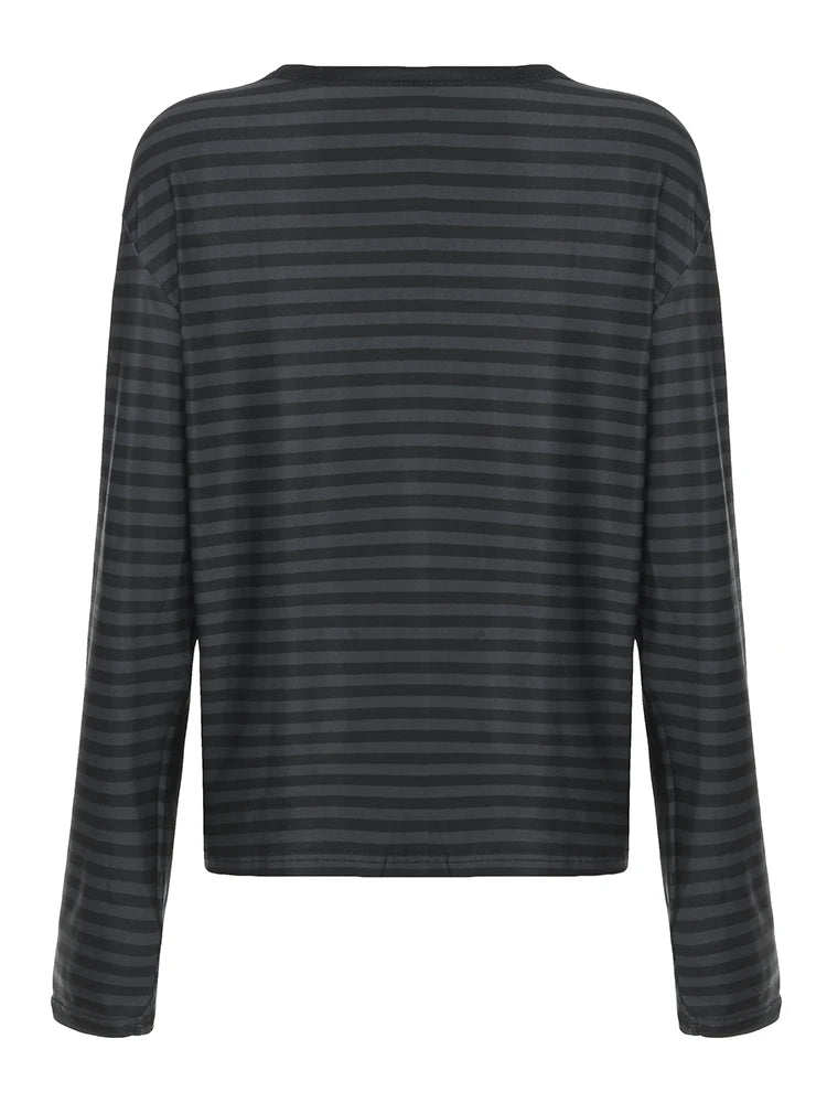 Striped Print Loose Tee Shirts Long Sleeves Botton Top