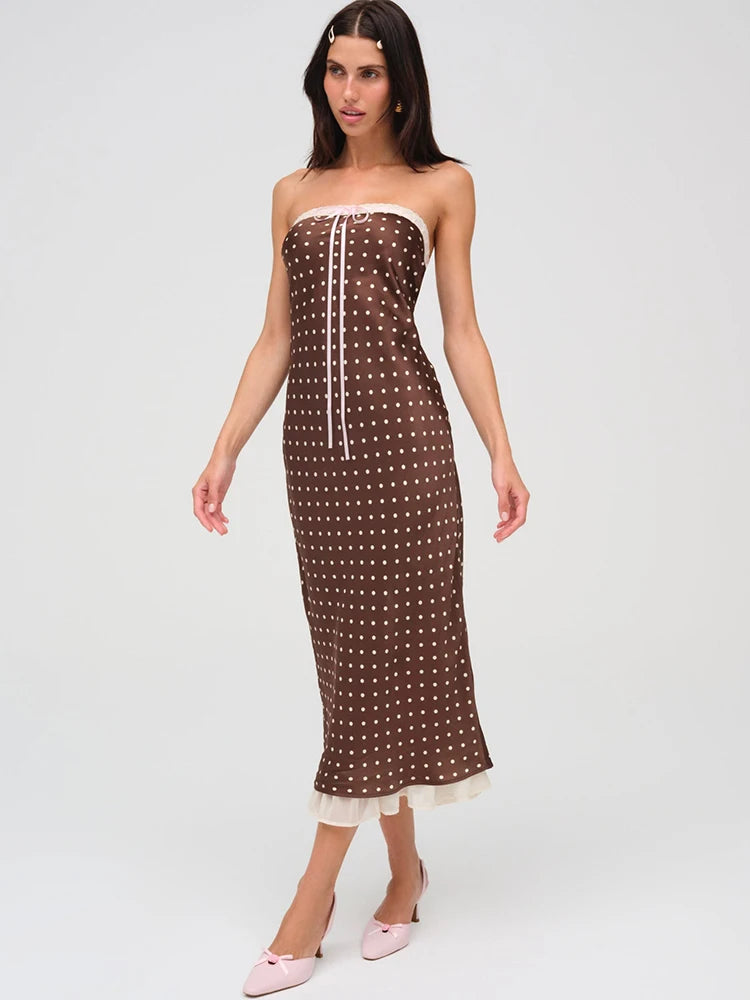 Strapless Polka Dot Dress Coffee Backless Lace Up Dress Femme Slim Evening Dress