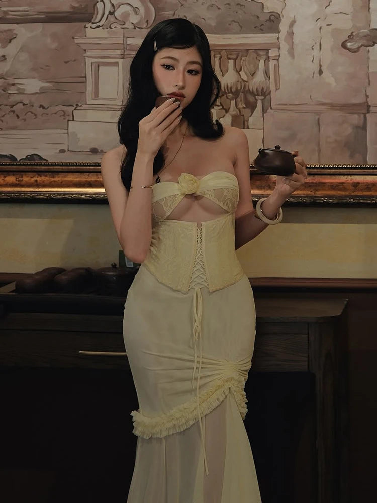 Patchwork Mesh Maxi Dress Shirring Fishtail Ruffles Hollow Bandage Banquet